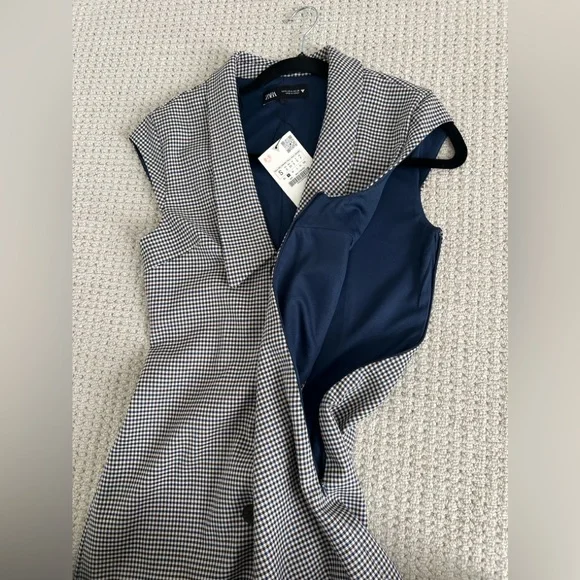 Zara NWT navy and brown mini houndstooth checkered lapel collar dress - Picture 6 of 9